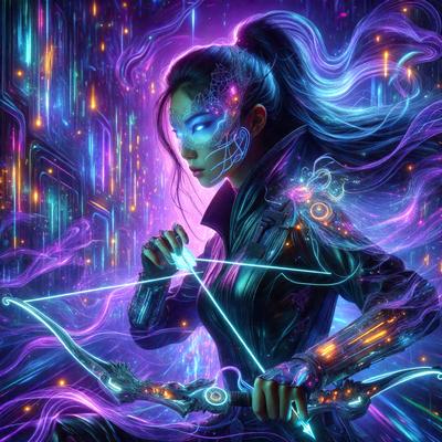 The primary subject of the image is a woman with a bow and arrow, dressed in a black outfit. She is holding the bow and arrow in her hands, and her outfit appears to be futuristic. The setting is a purple background, which adds to the overall mood of the image. The visual style is a digital art or illustration, creating a unique and eye-catching scene.